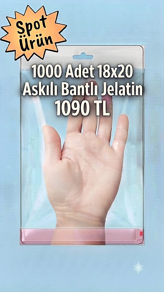 1.000 Adet 18x20 Üstten Askılı Alttan Bantlı Jelatin Poşet