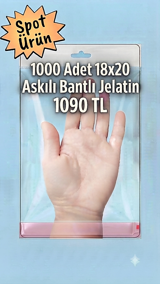 1.000 Adet 18x20 Üstten Askılı Alttan Bantlı Jelatin Poşet
